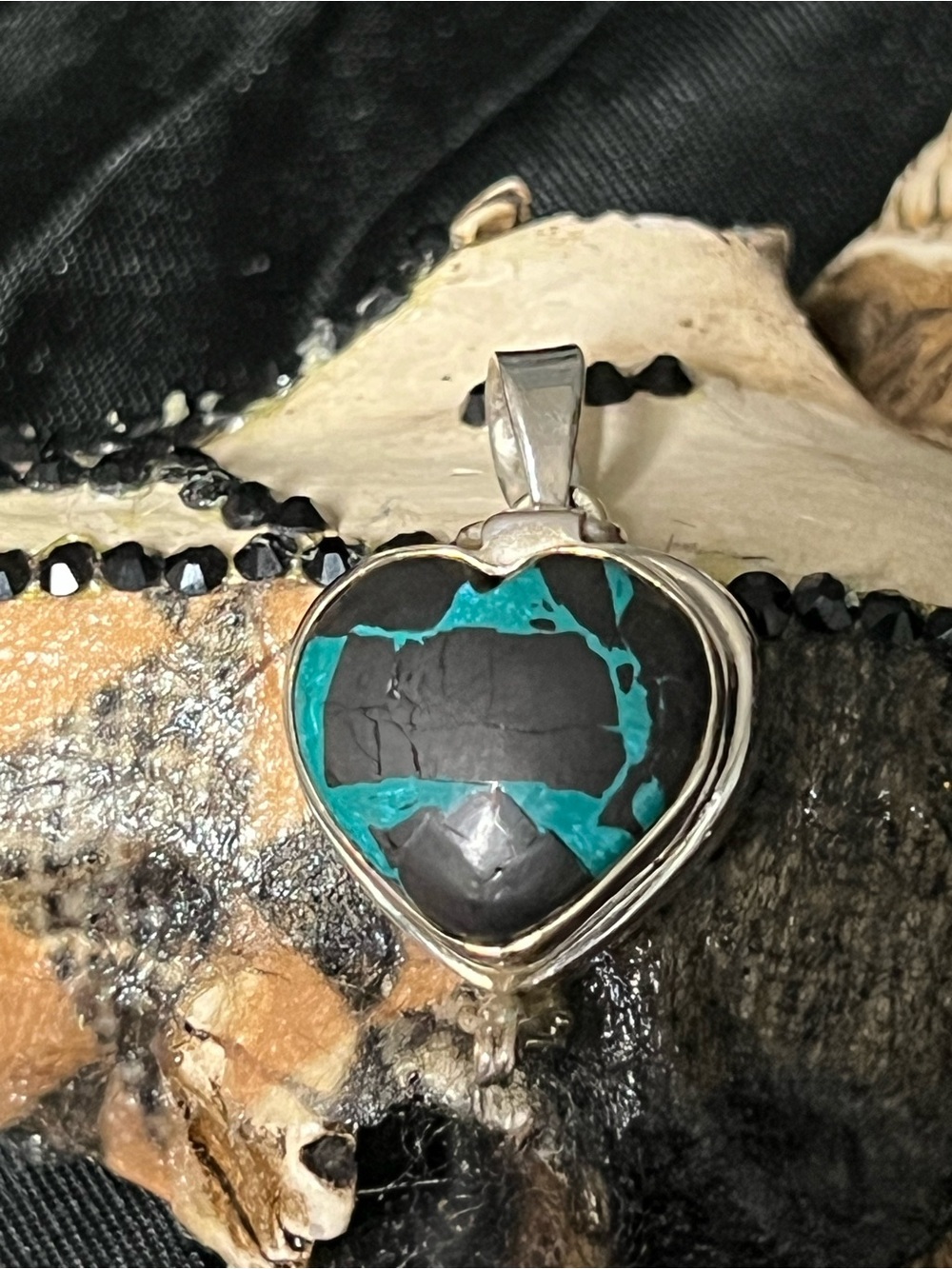 Sterling silver heart  black jack pendant